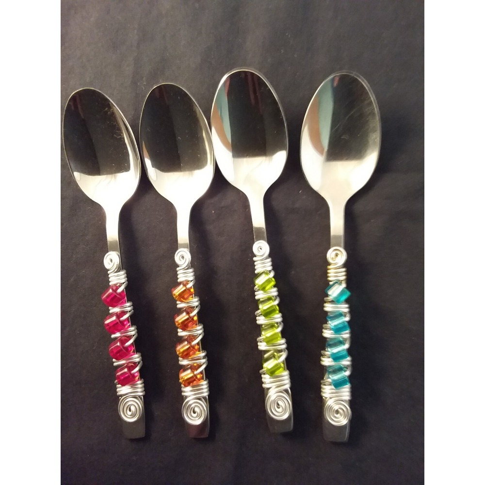 EMBELISHED MULTICOLOR Beaded Tea SUGAR SPOONS  STAINLESS STEEL FLATWARE Set 4